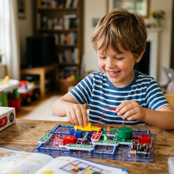 Young student building a snap-circuit kit